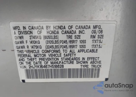 2007 Honda Ridgeline Rts из США, поврежденный, VIN 2HJYK16467H518628